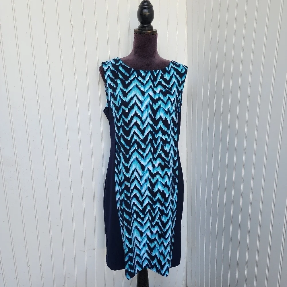 Connected Apparel Navy Blue Aqua Wave Sleeveless Sheath Dress Women's 10